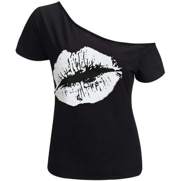 Plus Size Off Shoulder Lips Print Top Casual Short Sleeve Graphic T Shirt - Picture 1 of 8